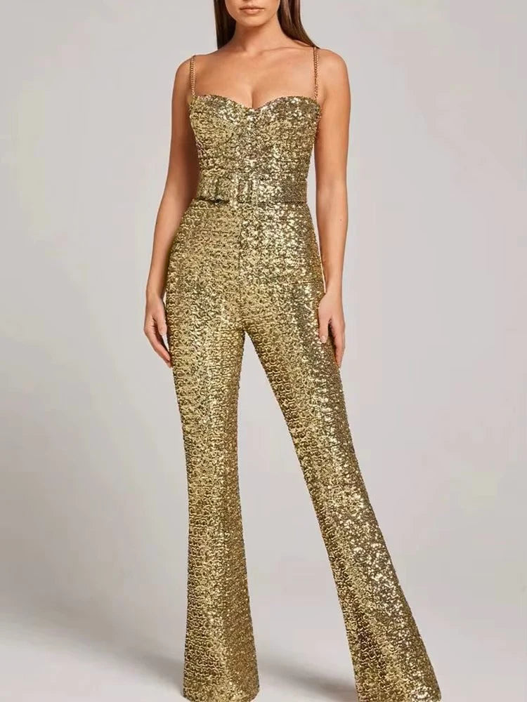 Sexy Off Shoulder Sleeveless Party Playsuit Fashion Match Belt Slim Fit Long Rompers Elegant Shiny Sequins Chain Sling Jumpsuit