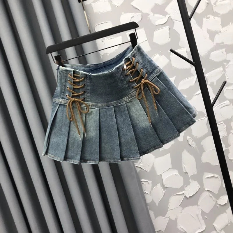 Pleated Skirt Girls Spring Summer New High Waisted Cowboy Short Korean Versatile Elastic Waist Fashion Sweet 2024