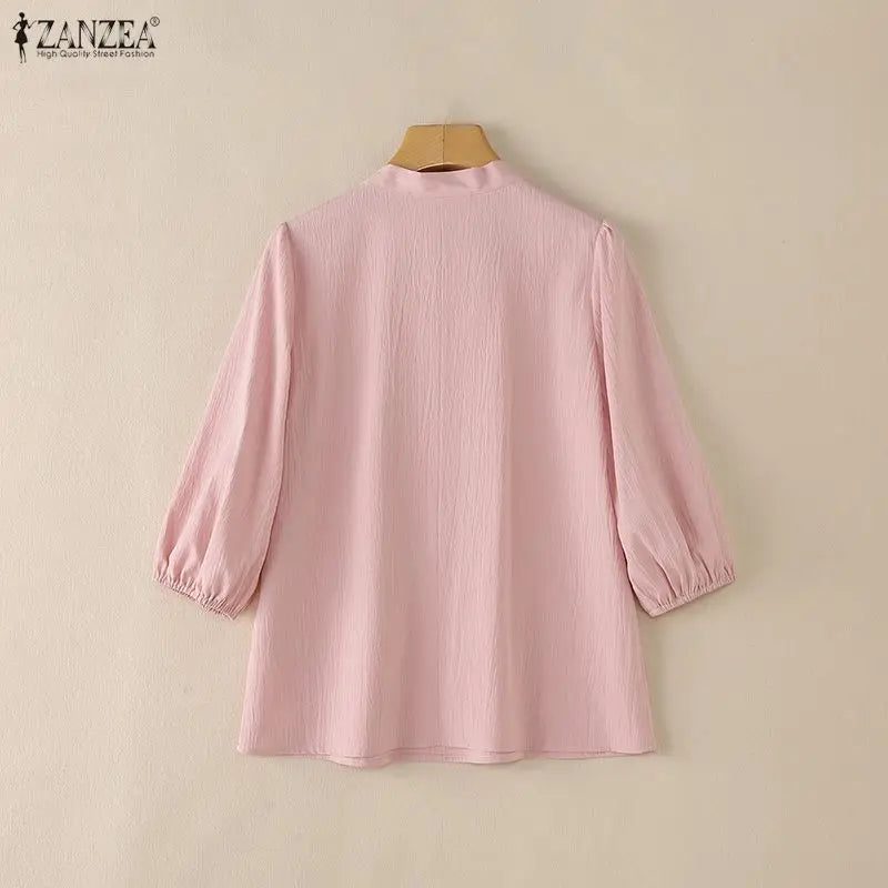 Crinkled Bow Tie Neck Puff Sleeve Blouse for Women