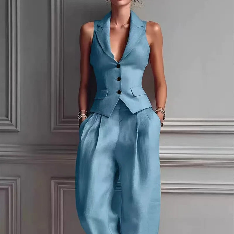 Sleeveless Single Breasted Vest and Pants Set for Women