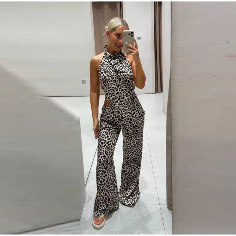 Leopard Print Halter Neck Top And High Waist Flare Pants Set For Women