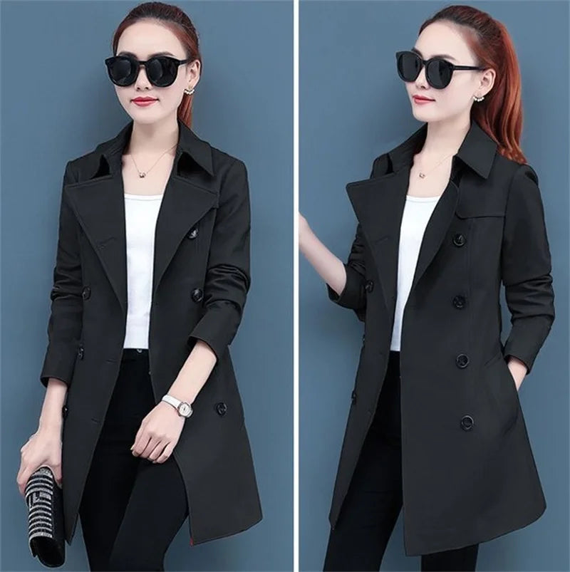 2025 New Trench Coat Midi Length Fashion Korean Elegant Khaki Black Loose Women's Windbreaker Coat Casual Double Breasted Tops