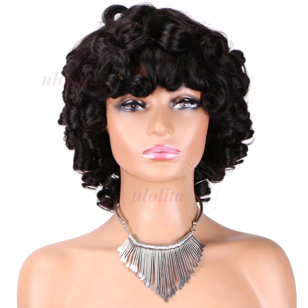 Bouncy Curly Pixie Bob Human Hair Wig With Bangs for Women