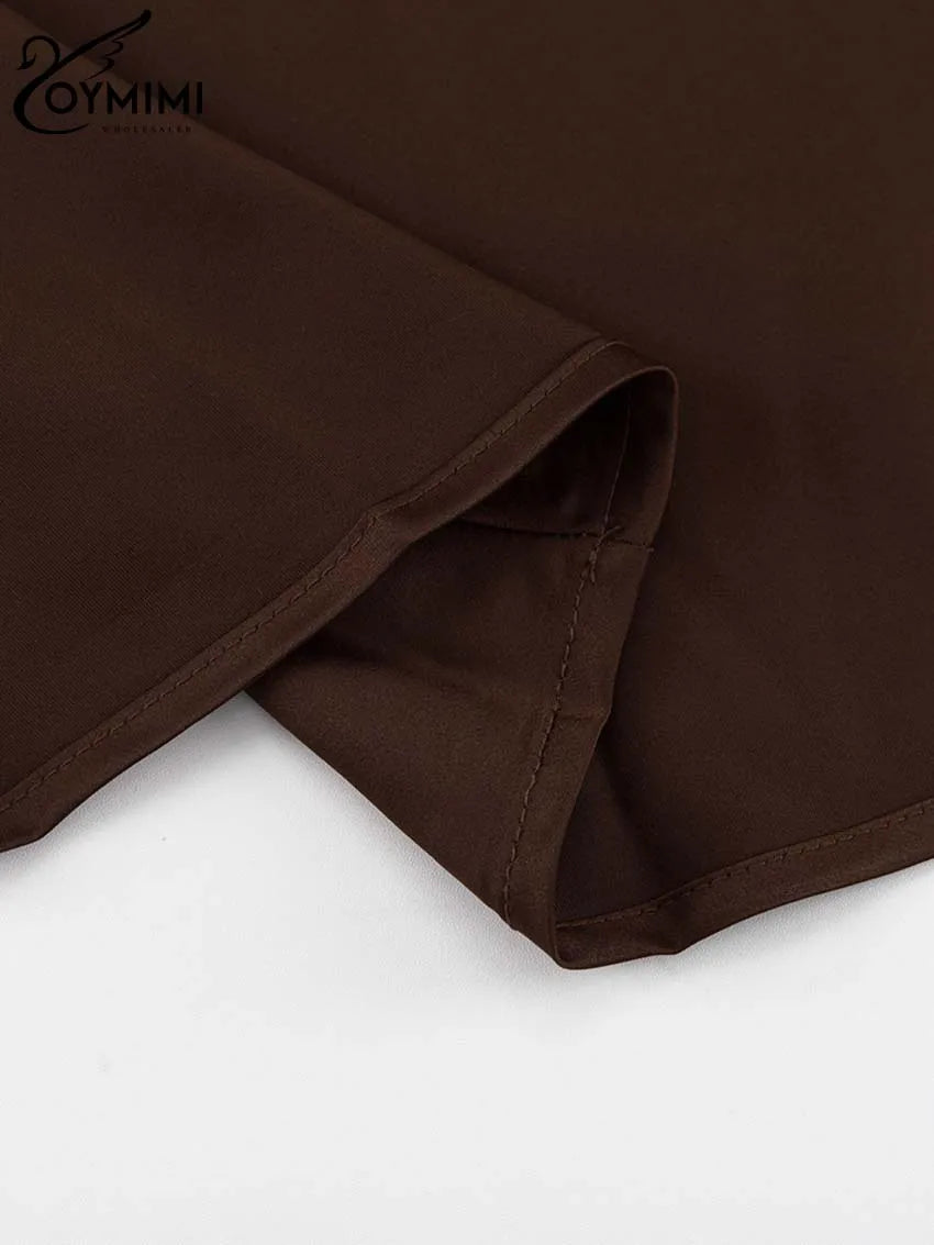 Oymimi Elegant Brown O-Neck Womens Dresses Fashion Short Sleeve Slim Solid Dresses Casual Slim Floor-Length Dress Streetwear