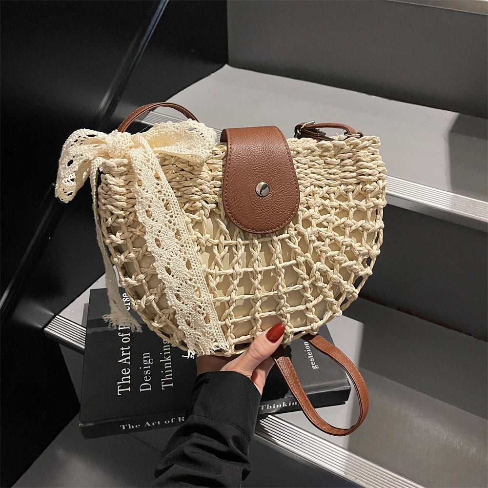 Straw Knitted Shoulder Bag With Bowknot Handmade for Women