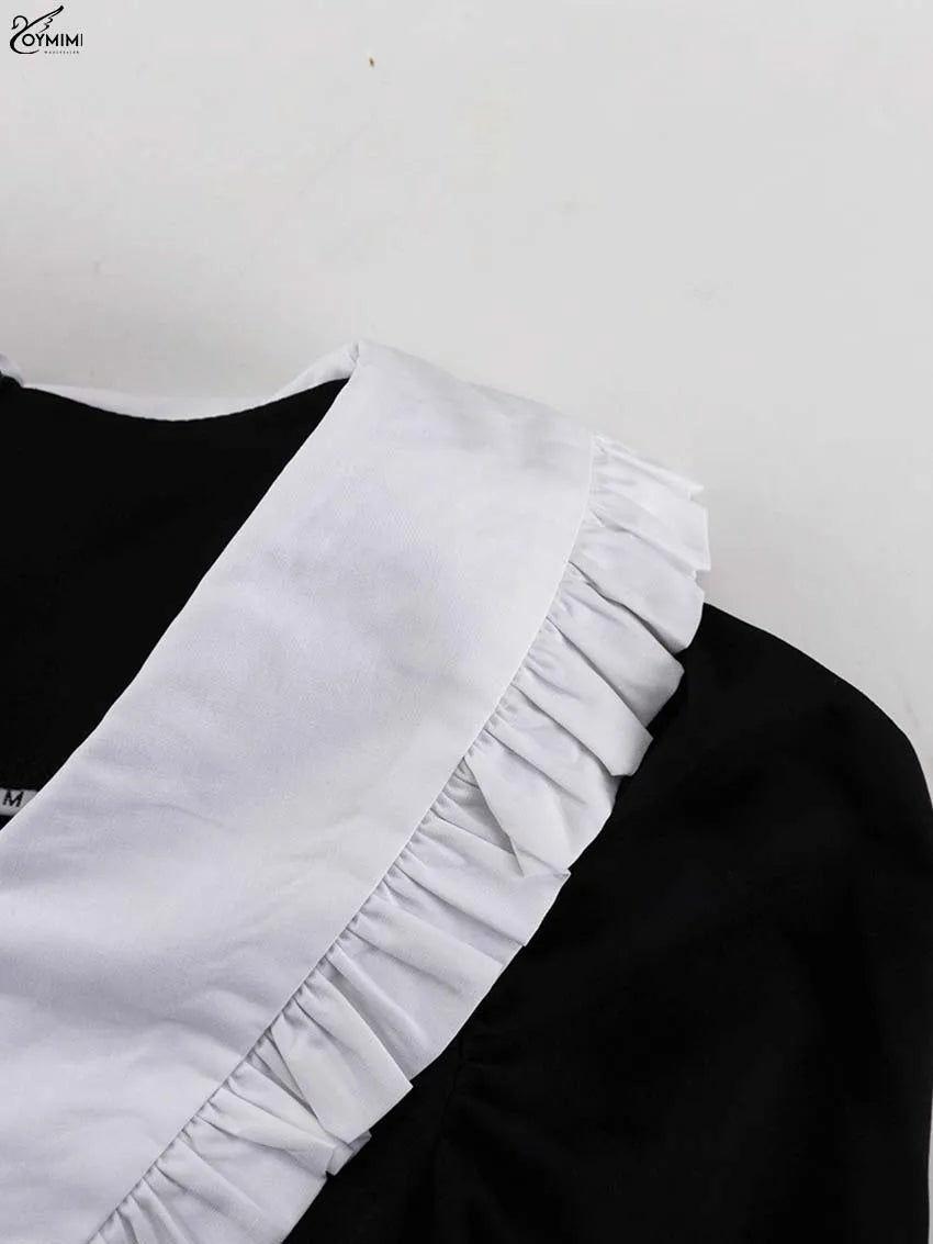 Oymimi Elegant Black Patchwork Women's Dress Casual Peter Pan Collar Three Quarter Sleeve Dresses Fashion Pleated Mini Dresses