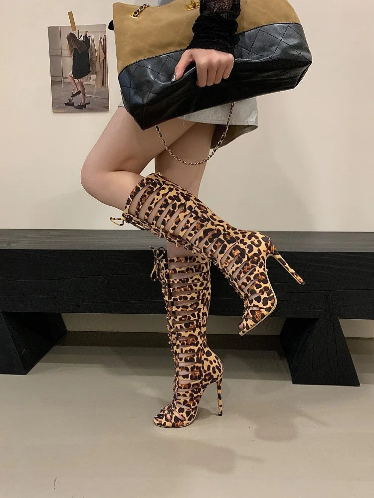 Leopard Print Hollow Out Peep Toe Knee High Boots for Women