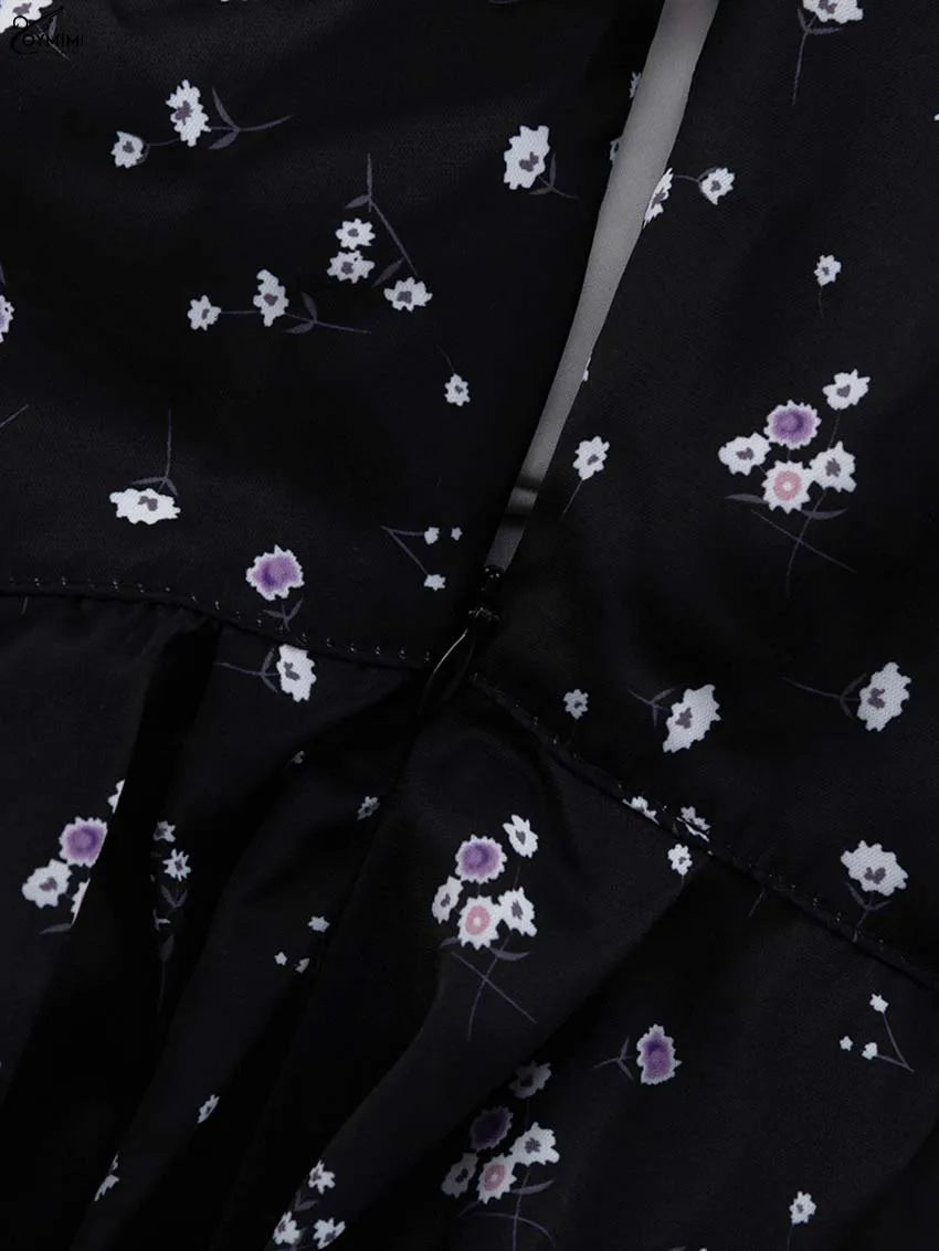 Oymimi Elegant Black White Womens Dresses Fashion Three Quarter Sleeve Hollow Out Dresses Casual High Waisted Mini Dress Female