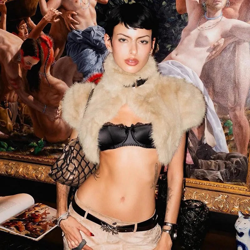 BOOFEENAA Fluffy Faux Fur Cropped Jacket Coat Woman Clothes Winter 2025 Streetwear Fashion Vest Top C85-EF24