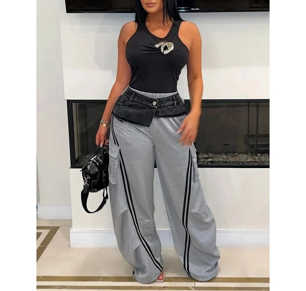 Women's Denim Patchwork Pockets Cargo Pants Side Stripes Wide Leg Casual Streetwear Sweatpants Sports Wear