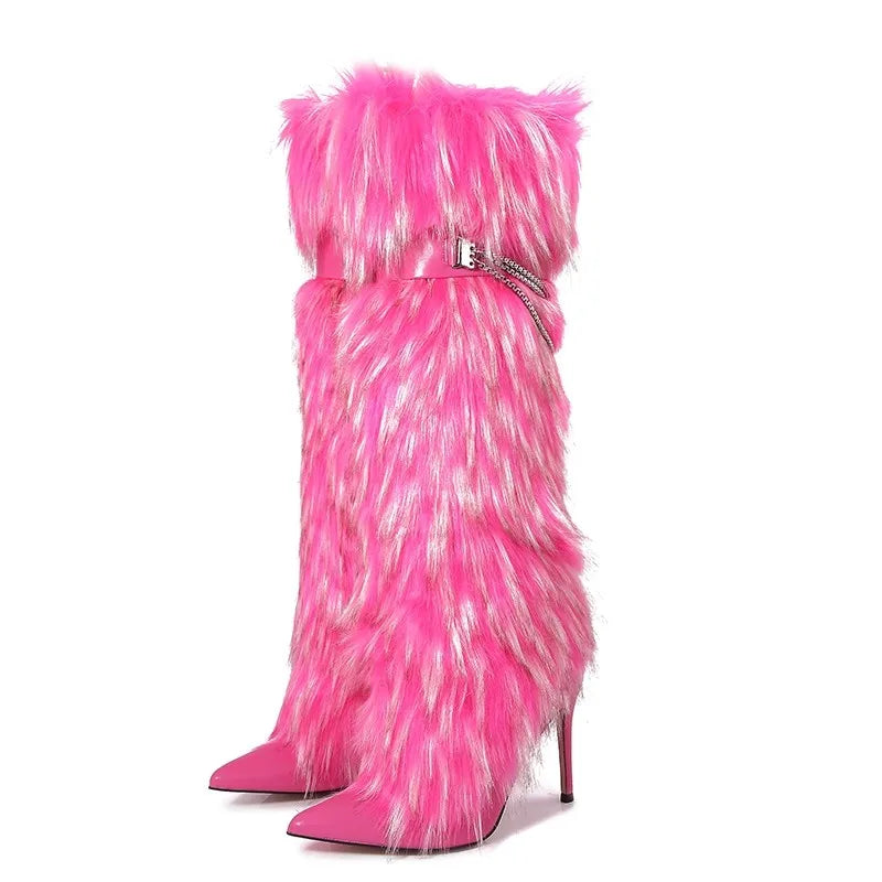 Elegant Faux Fur Knee High Stiletto Boots for Women