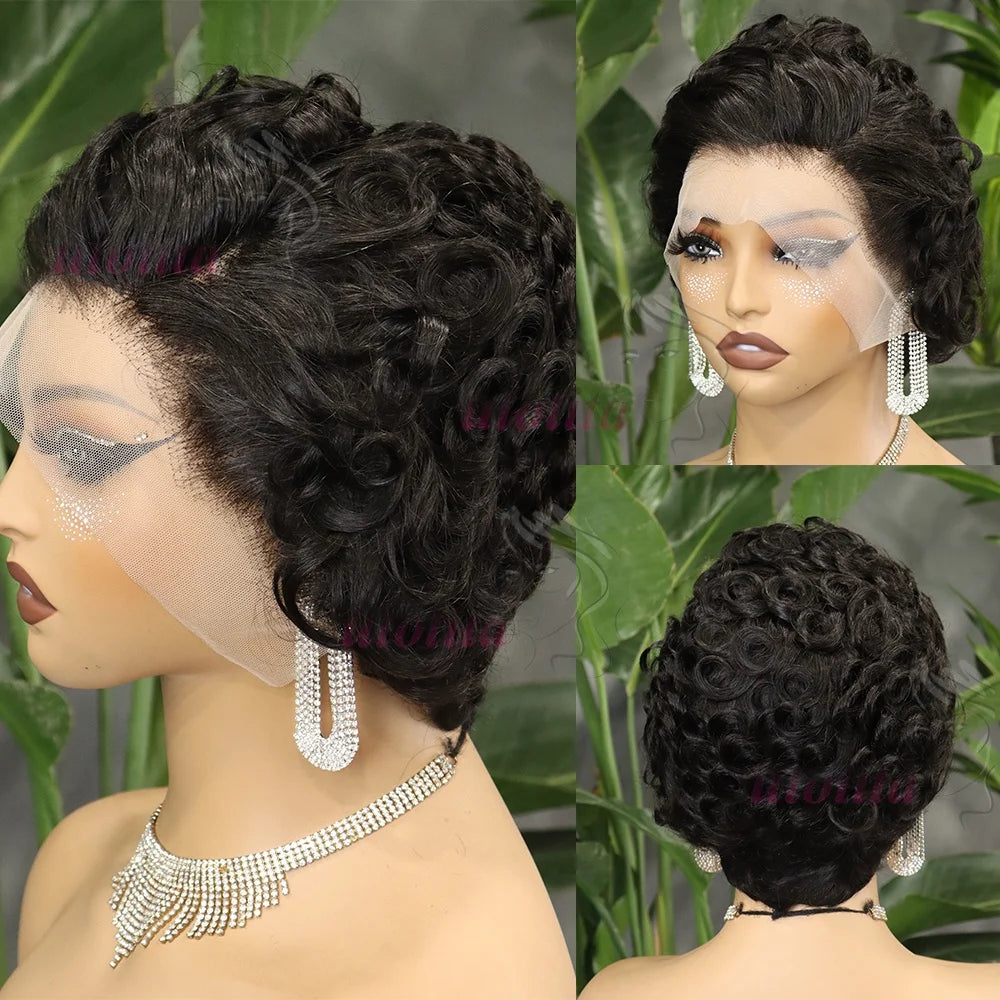 Short Layered Curly Pixie Lace Frontal Wig for Women