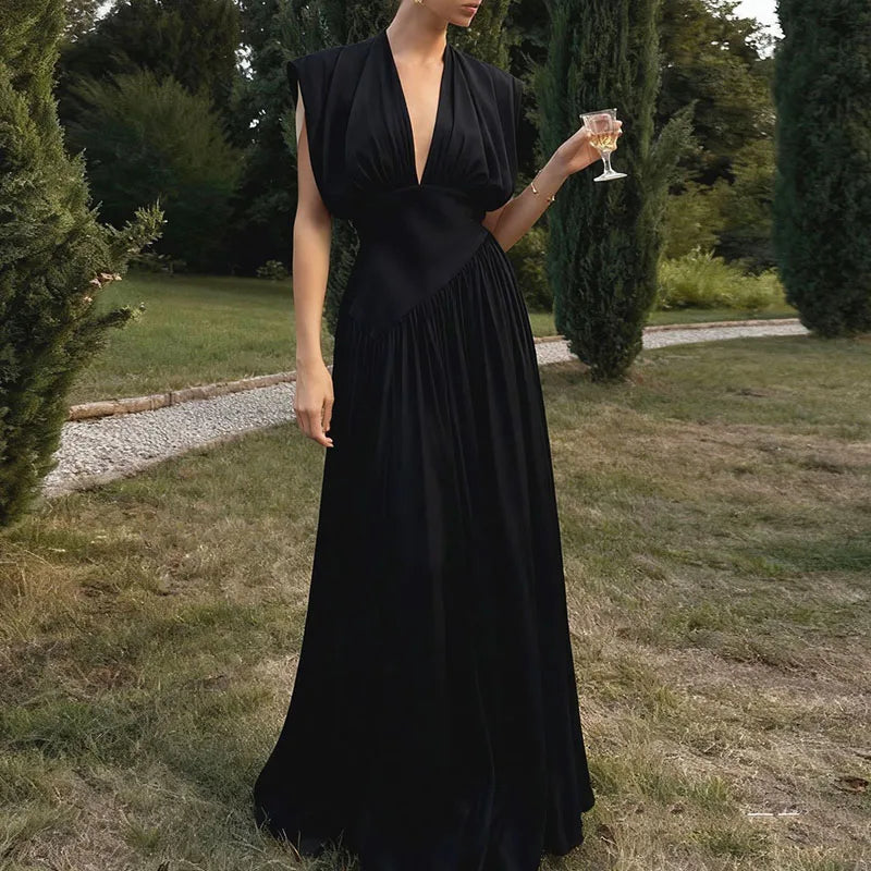 Deep V Sleeveless Pleated Satin High Waisted Evening Dress for Women