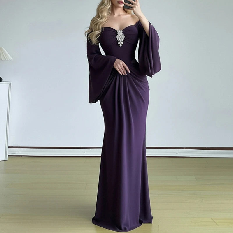 2026 Sexy Backless Draped Party Dress Elegant Strapless Flared Sleeves Evening Dress Women Fashion Hight Waist Solid Long Dress