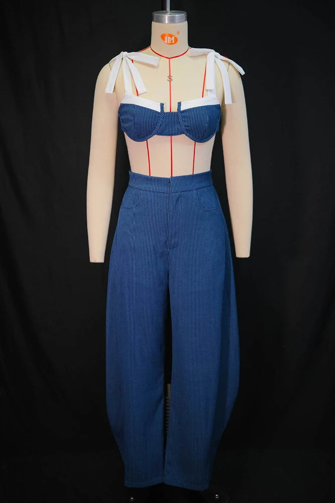 Striped Bow Crop Top And Wide Leg Pants Set For Women