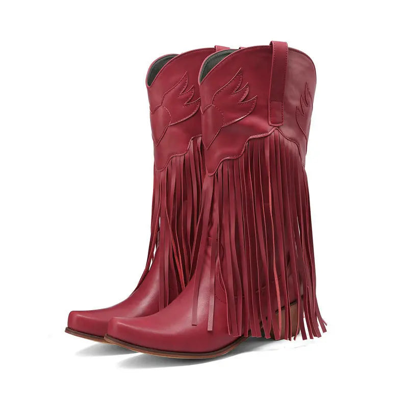 Retro Western Style Mid Calf Boots With Block Heel Tassels For Women