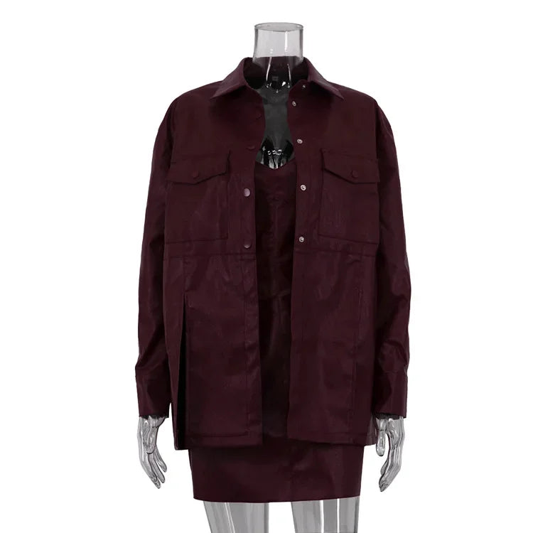 Faux Leather Two Piece Dress Coat Set