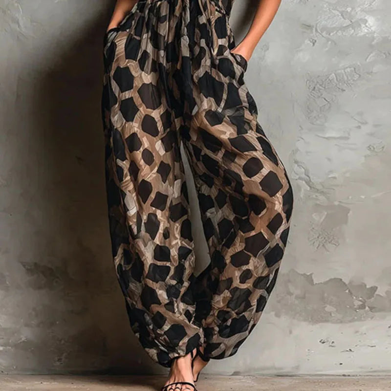 Leopard Print Tie Front Wide Leg Jumpsuit for Women