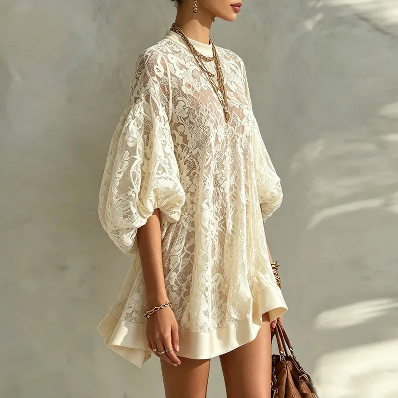 Floral Lace Puff Sleeve Boho Ruffle Mini Dress for Women