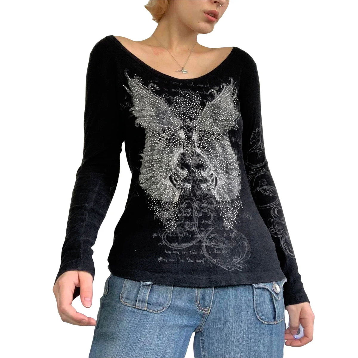 Gothic Rhinestone Graphic Long Sleeve Tee for Women