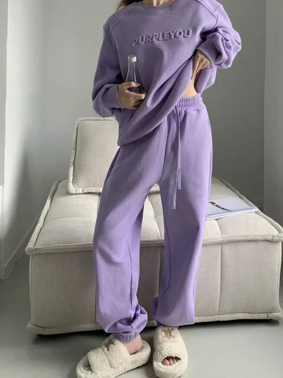 Thick Tracksuit Women Two Pieces Set Sweatshirts Pullover Hoodies Pockets Pants Suit Trousers Sports Matching Sets Autumn Spring