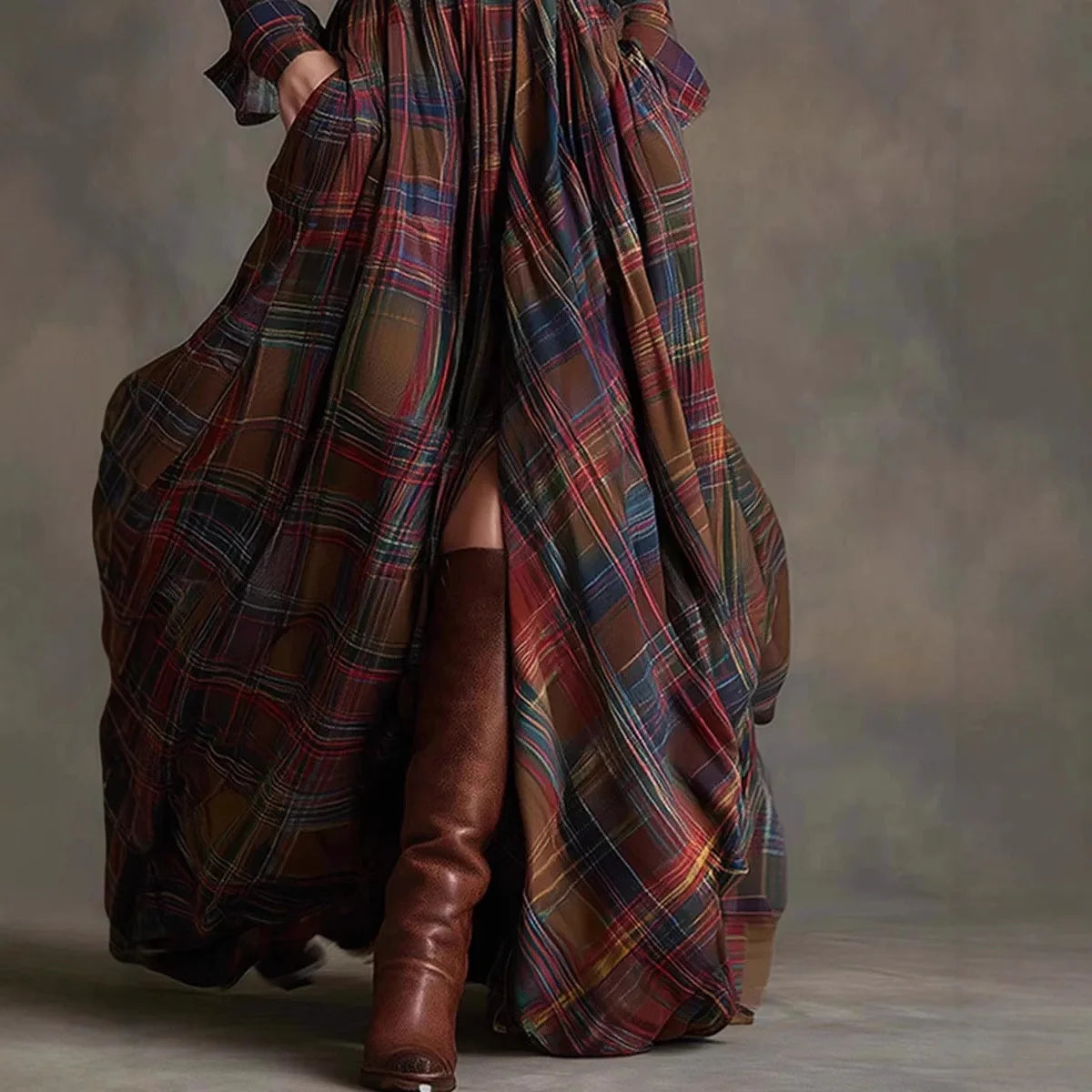 Plaid Button Front Pocket Maxi Dress