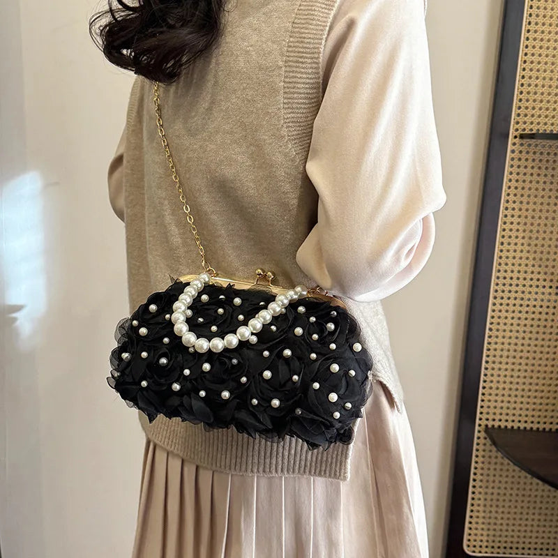 Pearl Floral Chain Evening Crossbody Bag