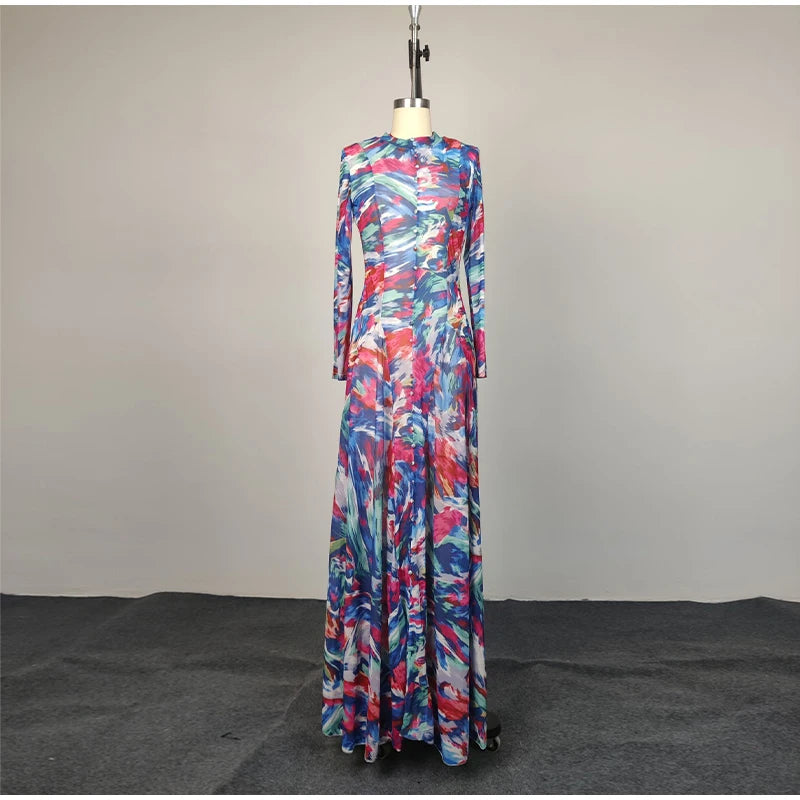 Chic O-Neck Printed Long Sleeve Casual Summer Dress for Women