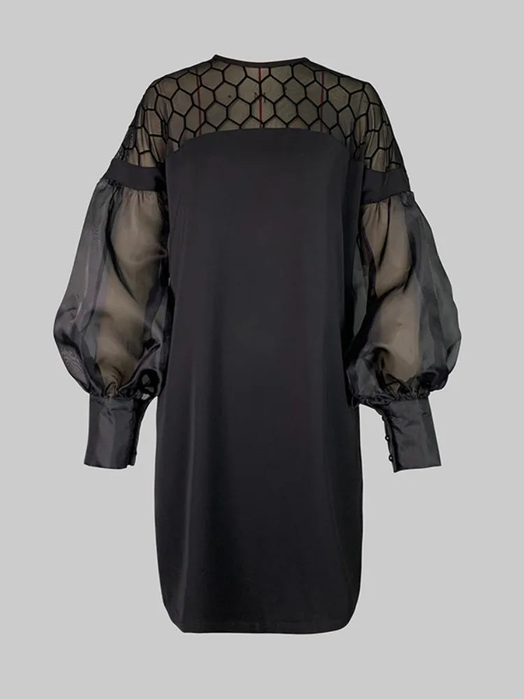 UOOZEE Urban Female Fashion Hollow O-Neck Party Evening Mini Dresses 2025 New See-through Puff Sleeve Elegant Office Black Dress