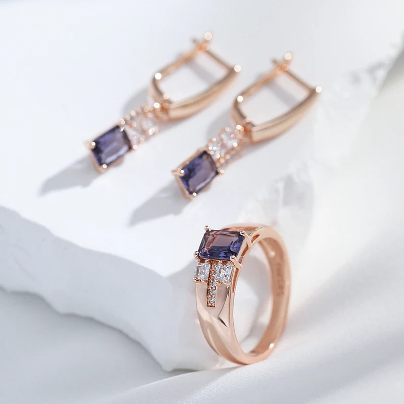 Purple Square Zircon Rose Gold Tone Ring for Women