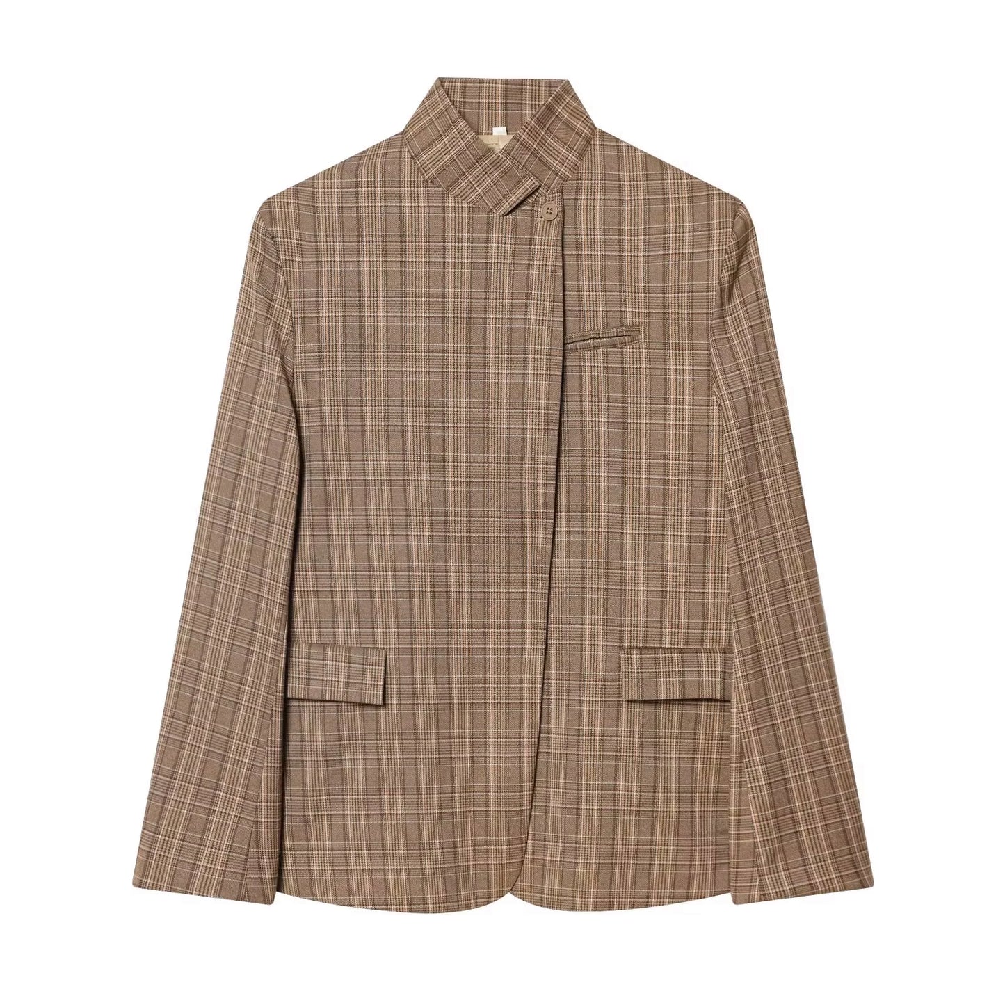 Plaid Stand Collar Long Sleeve Single Button Blazer Coat for Women