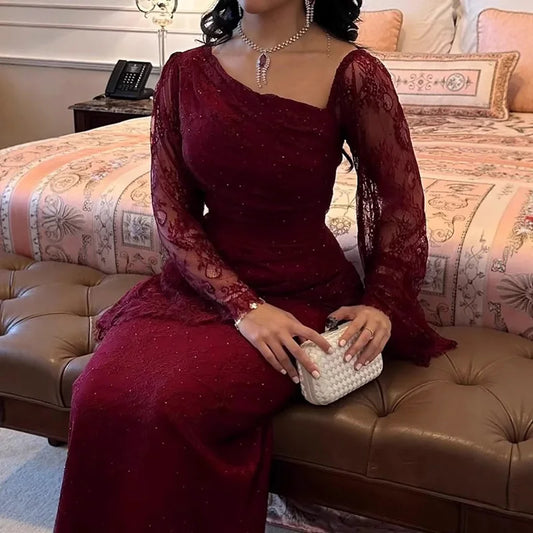 Sexy Lace Slanted Neck Women's Evening Dress Autumn New Long Sleeved High Waist A-line Dress Elegant Pleated Slim Fit Maxi Dress