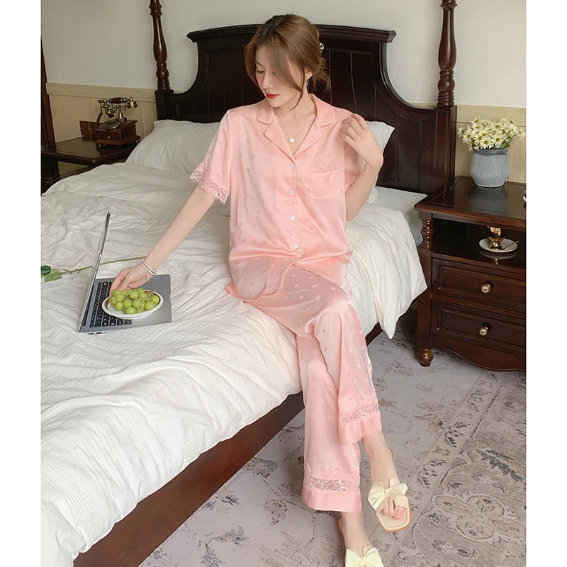 Y2k Pink Sweet Dot Lace Jacquard Women Pajamas French Romantic Lazy Lady Nightgown 2024 New Summer Korean Harajuku Home 2pc Set