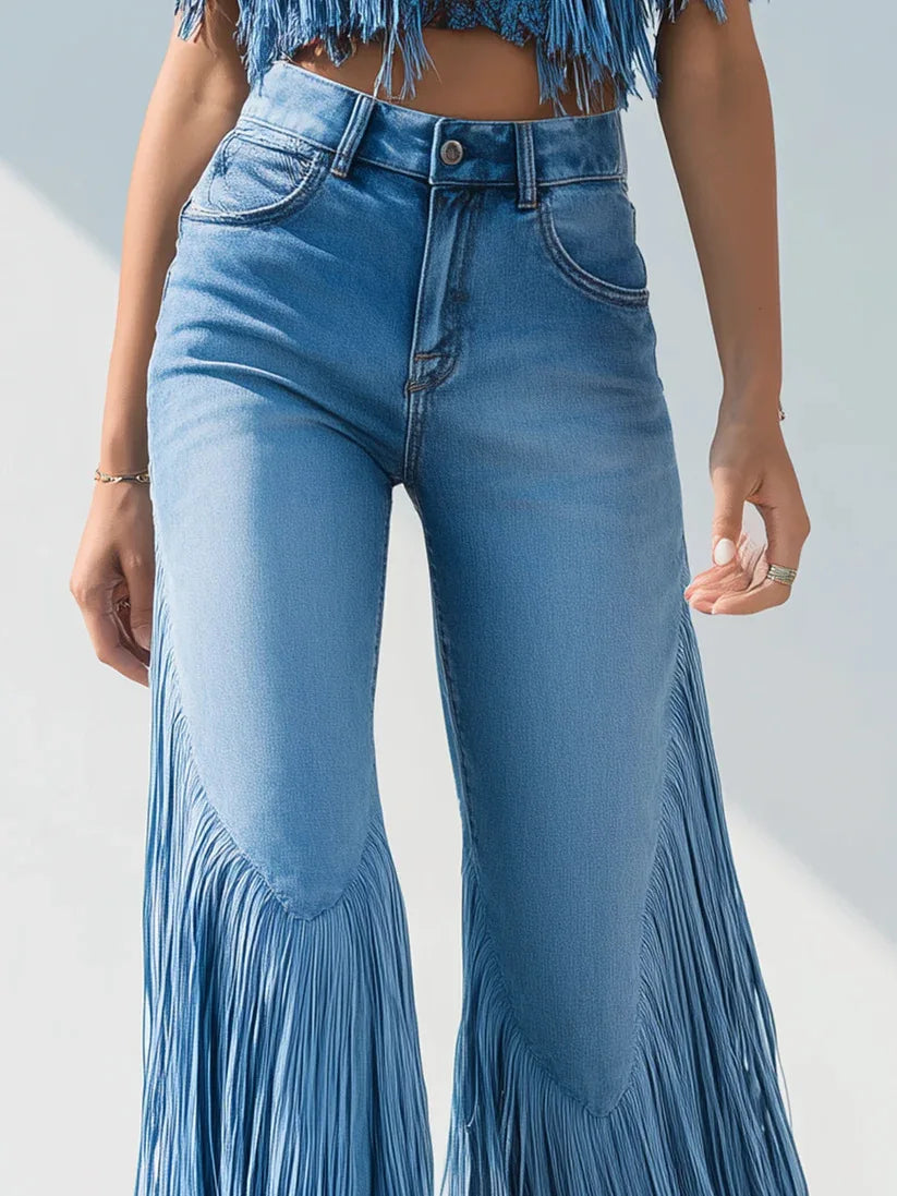 Dark Blue Loose Asymmetrical Tassel Denim Jeans For Women