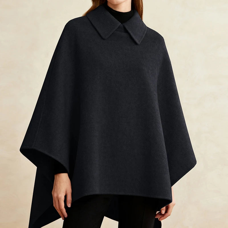 Elegant Patchwork Long Cape Coat With Turn-Down Collar for Women