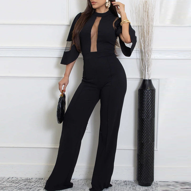 Office Lady O-neck Short Sleeved Romper Fashion Party Solid Color Long Pants Playsuit Mesh Splicing High Waist Straight Jumpsuit
