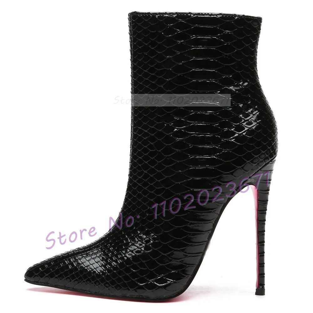 Pink Sole White Ankle Boots Women Pointed Toe Stylish Patent Leather High Heels Boots Female Elegant Casual Crocodile Shoes