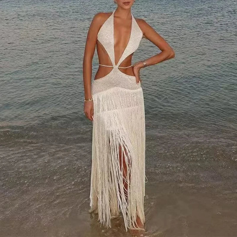 2025 New Tassel Sleeveless Sling Dress Sexy Deep V Low Cut Beach Long Dress Chic Fashion Women's Summer Holiday Dresses Vestidos