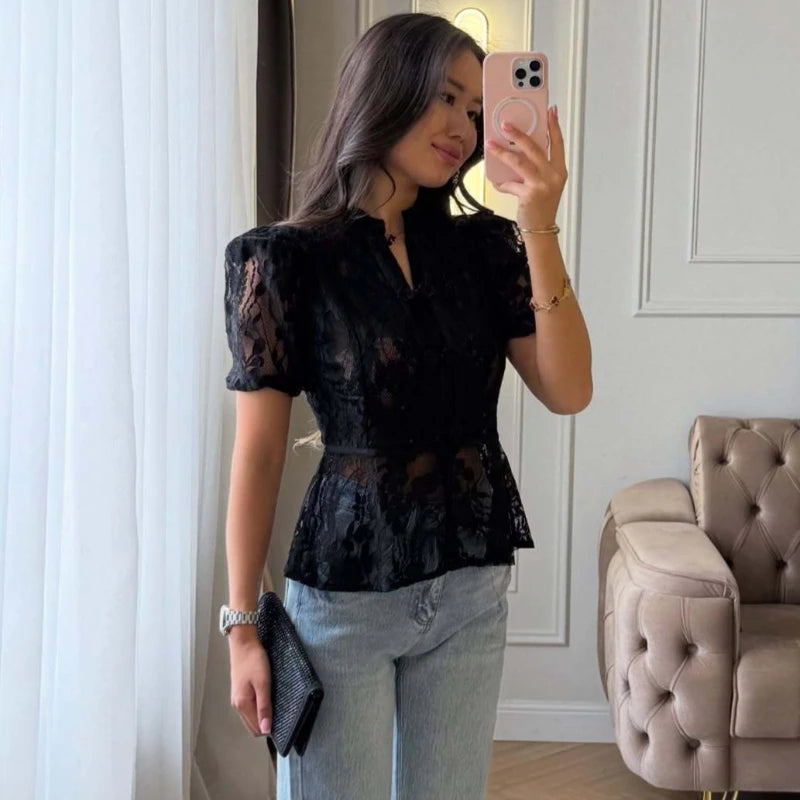 Short Sleeve Floral Lace Sheer Cheongsam Blouse for Women