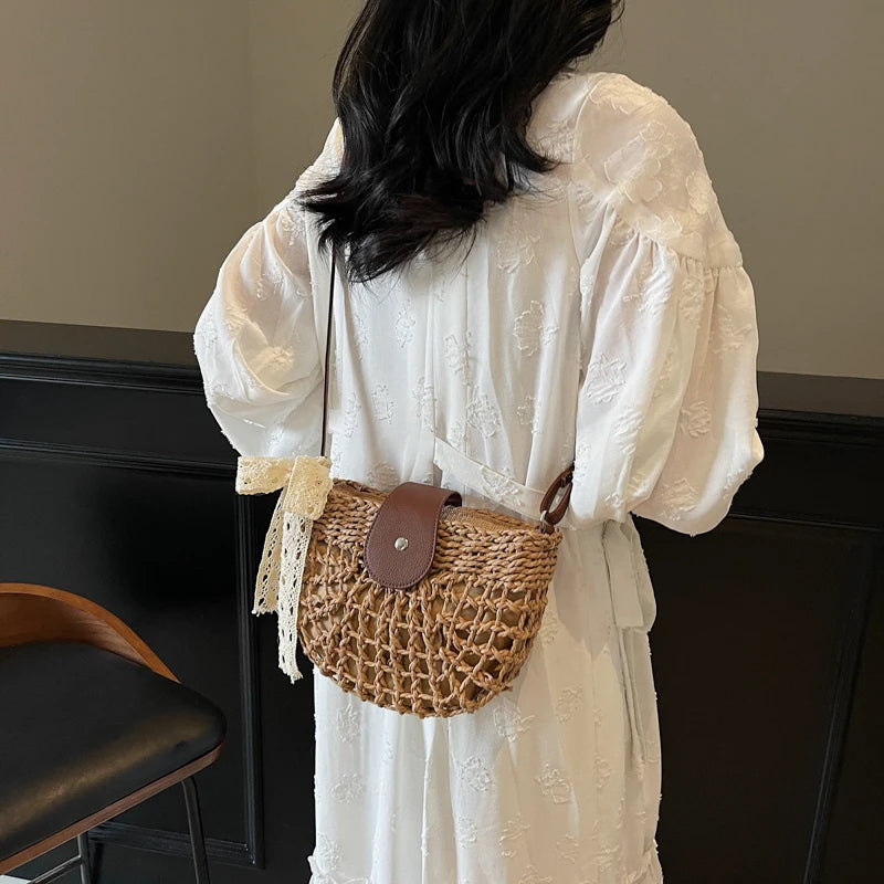 Straw Knitted Shoulder Bag With Bowknot Handmade for Women
