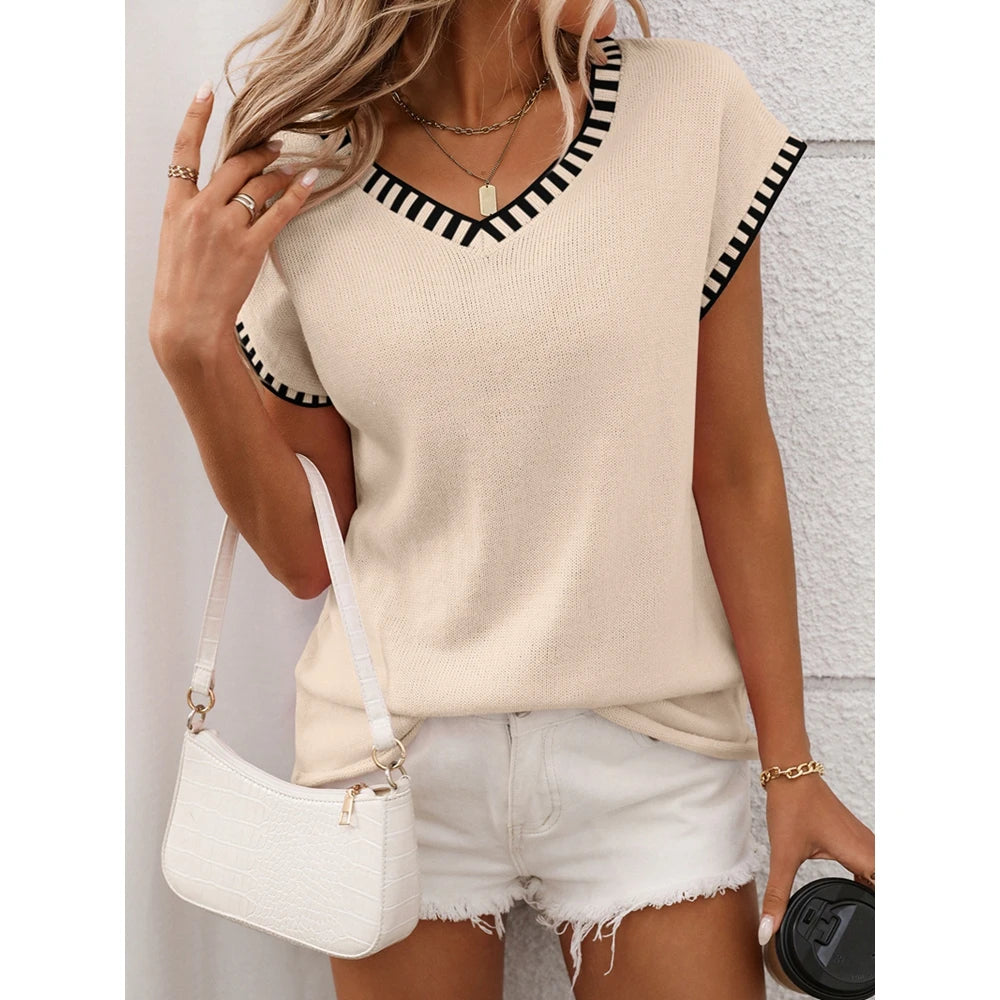 2025 Summer Women's Striped Ribbed Knitted V Neck Short Sleeve T-Shirts Femme Fashion Colorblock Casual Tops Streetwear