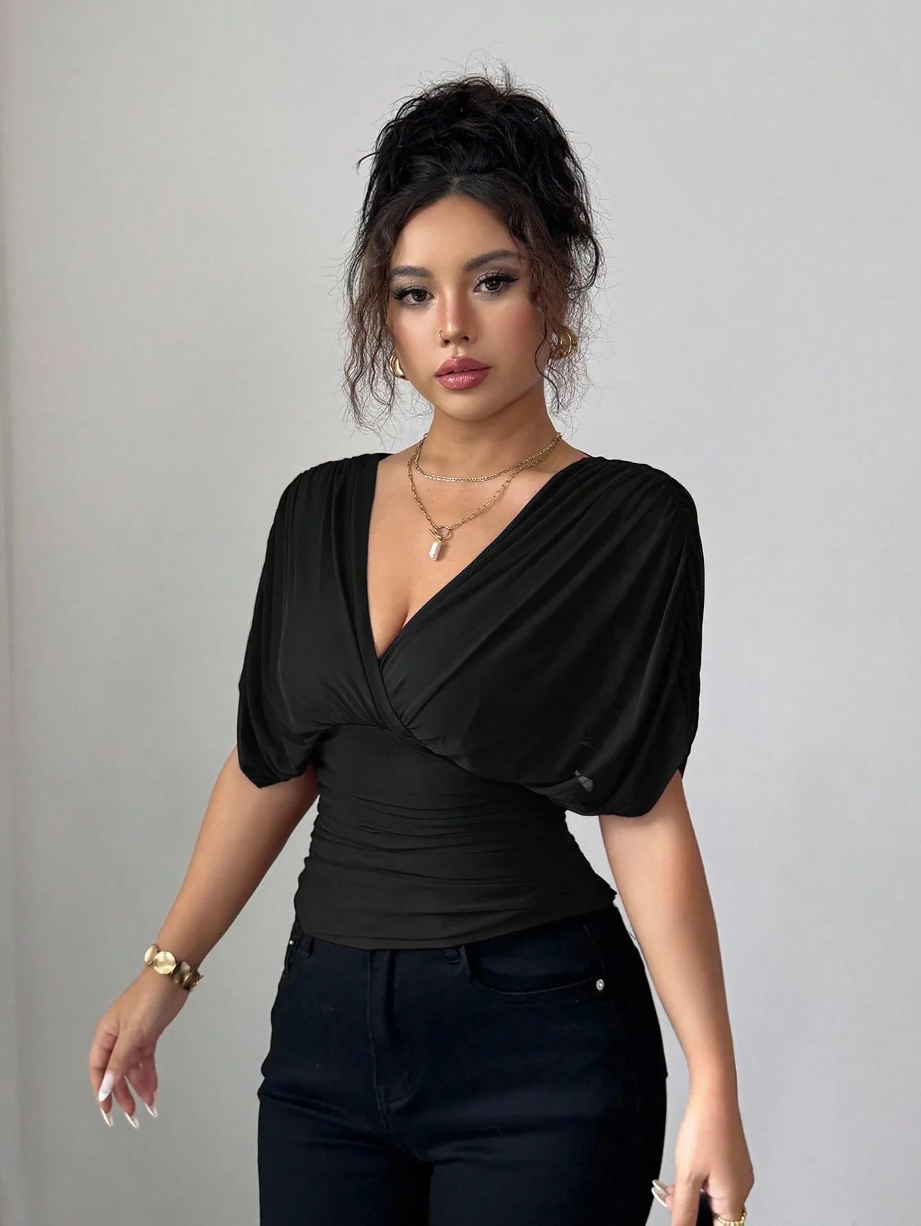Elegant Deep V Neck Flutter Sleeve Waist Cinching Top for Women
