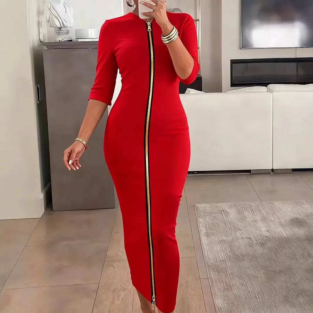 Elegant Mid Sleeve V Neck Ankle Length Dress for Women
