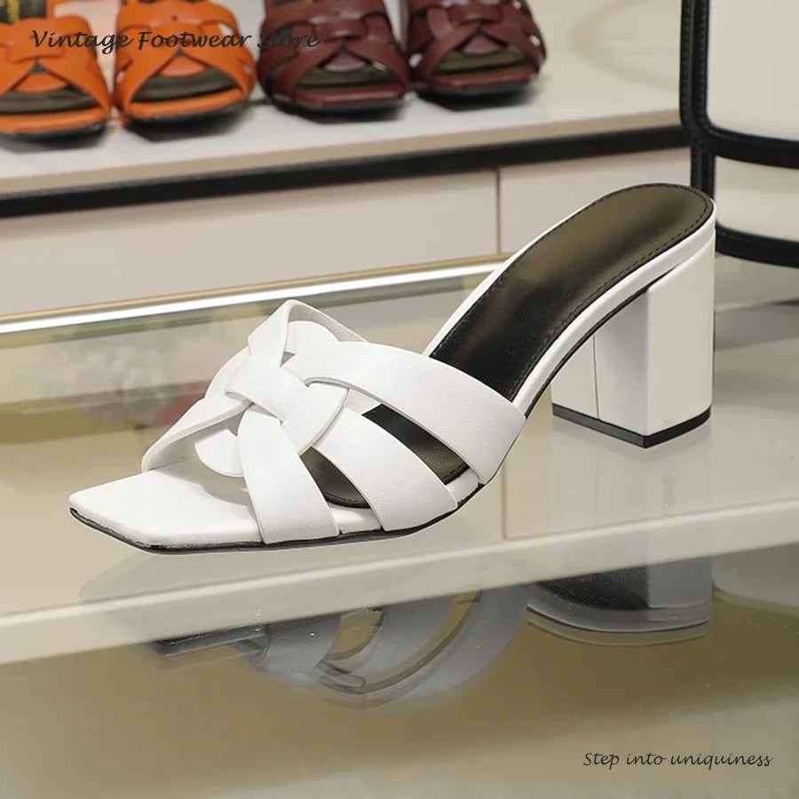 Interwoven Strap Square Toe Block Heel Mules for Women
