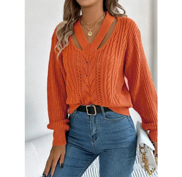 Casual Sweater Women Streetwear Hollow V-neck Elegant Lantern Sleeve Head Tops 2024 Autumn/Winter New Long Sleeved T-shirt Y2k