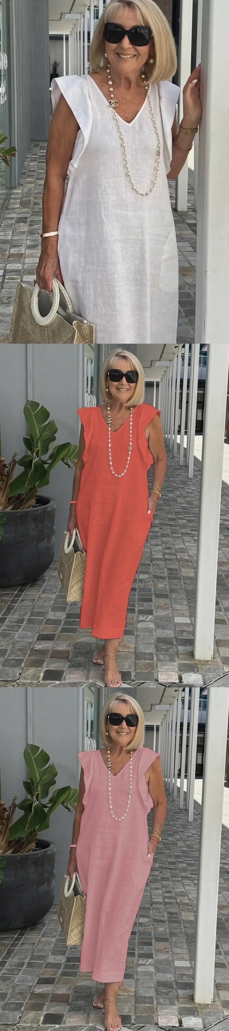 Back Tie Flutter Sleeve Ankle Length Linen Dress for Women