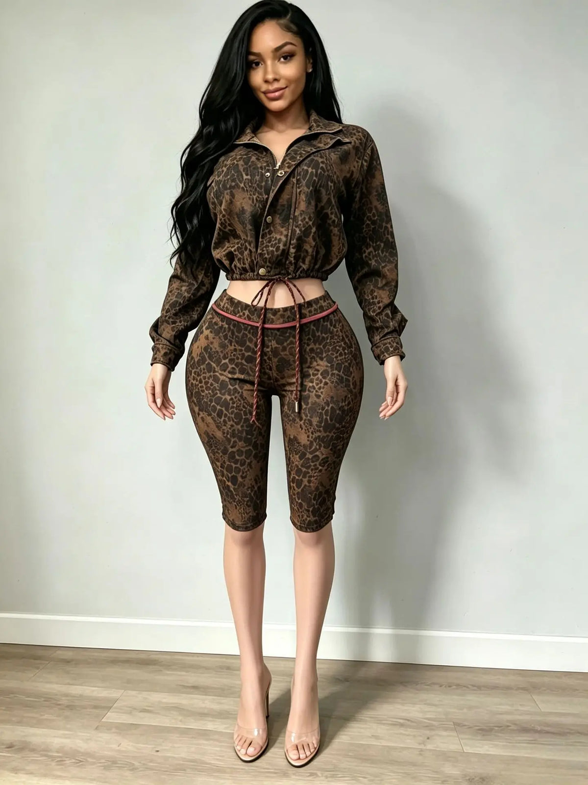 Leopard Print Jacket And Shorts Two Piece Set for Women