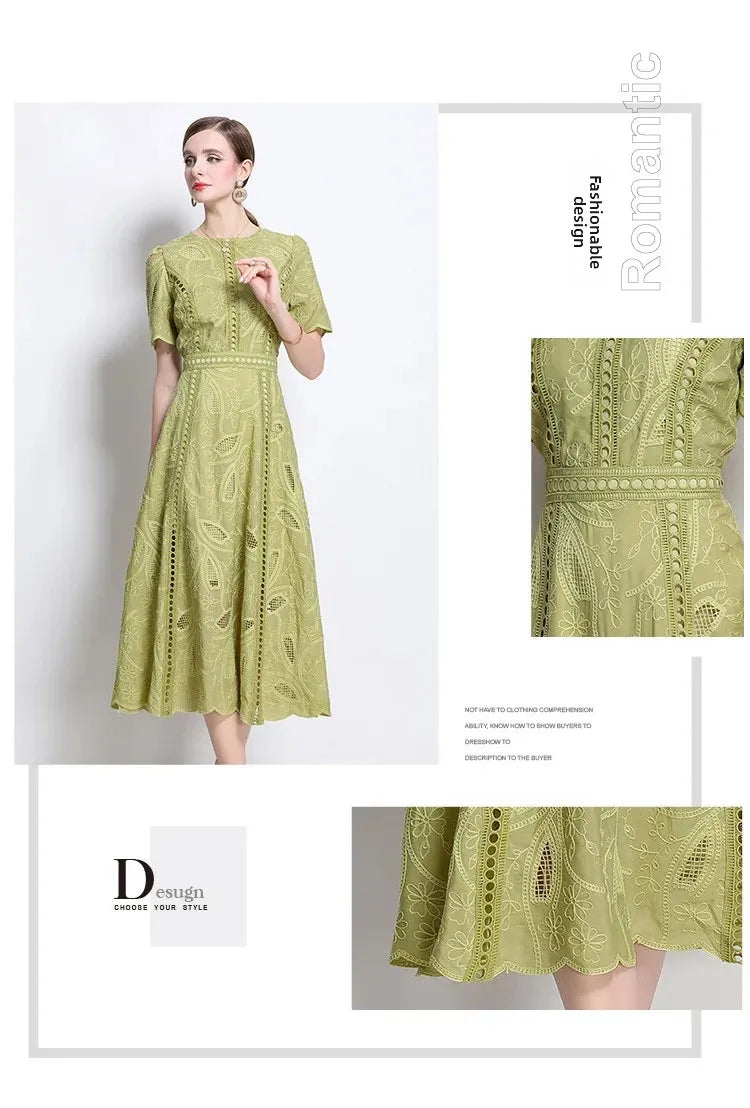 Elegant Lace Sleeve Midi Dress Women's round Neck Gored Skirt Short Sleeve Slimming Summer New Style Vintage High-End Feeling