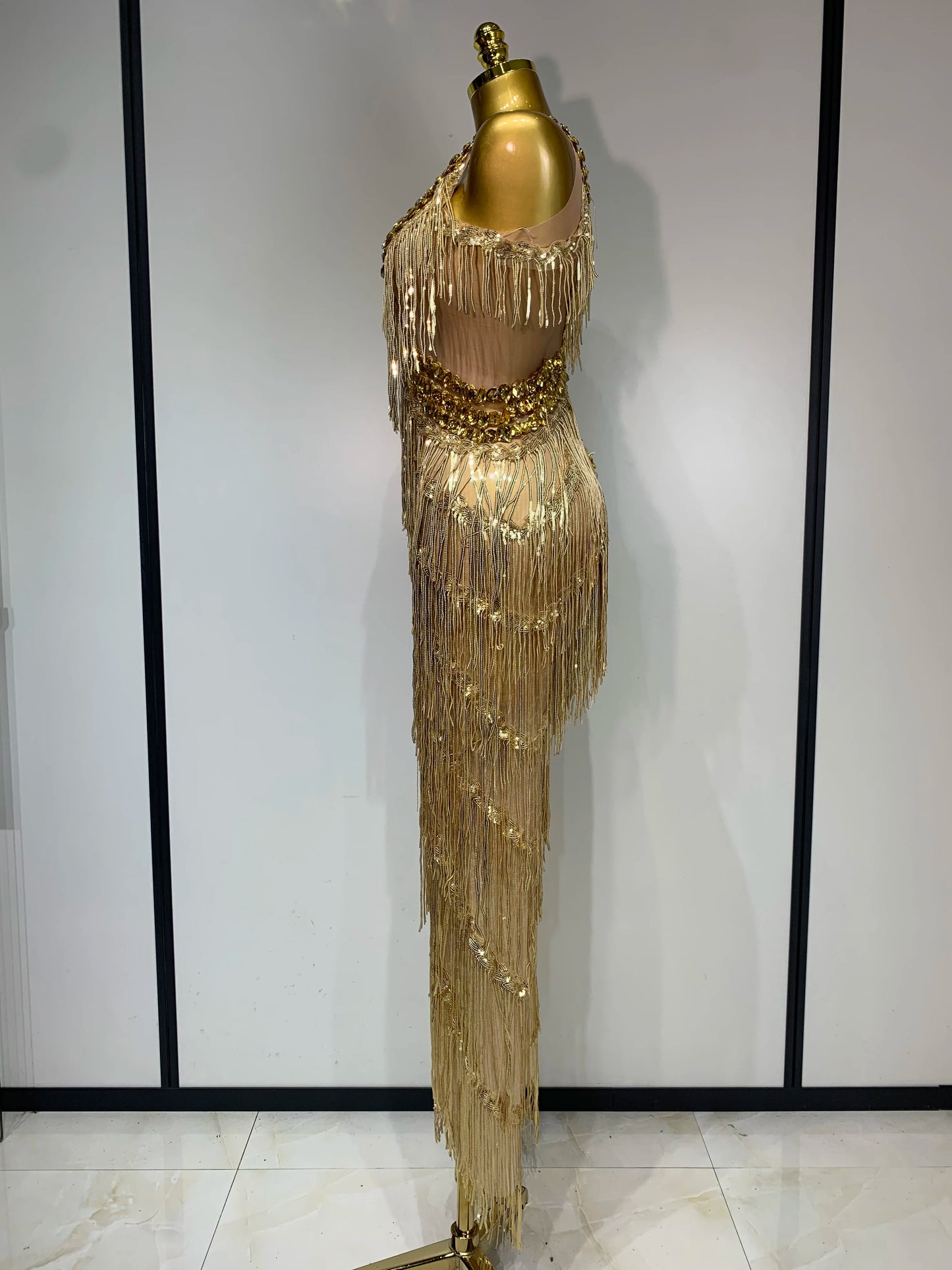 Gold Rhinestones Fringe Jumpsuit