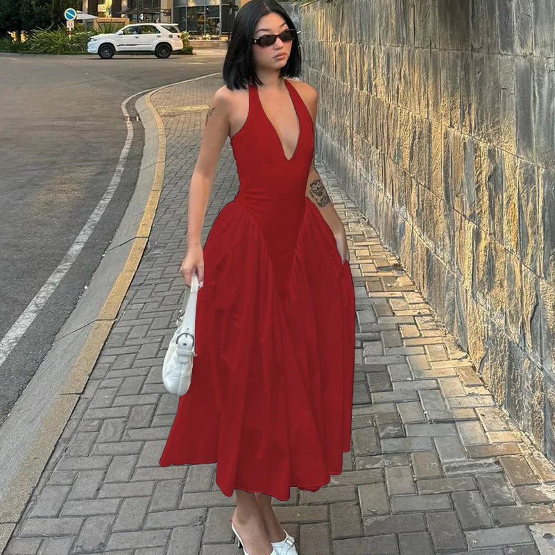 Elegant Halter V Neck Backless Maxi Dress For Women